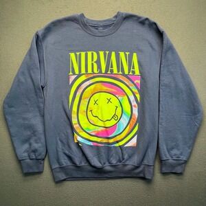 Nirvana Smiley Face Graphic Sweatshirt Blue Tie Dye Grunge Band Pullover Medium